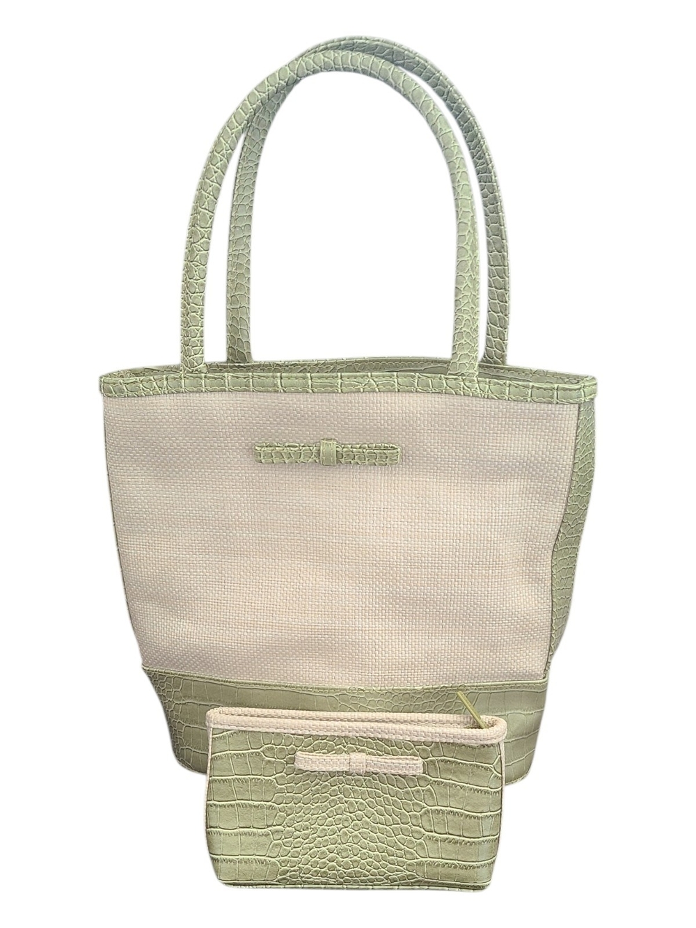 Estee Lauder Cream Canvas Tote with Light Green Croc Trim and Pouch